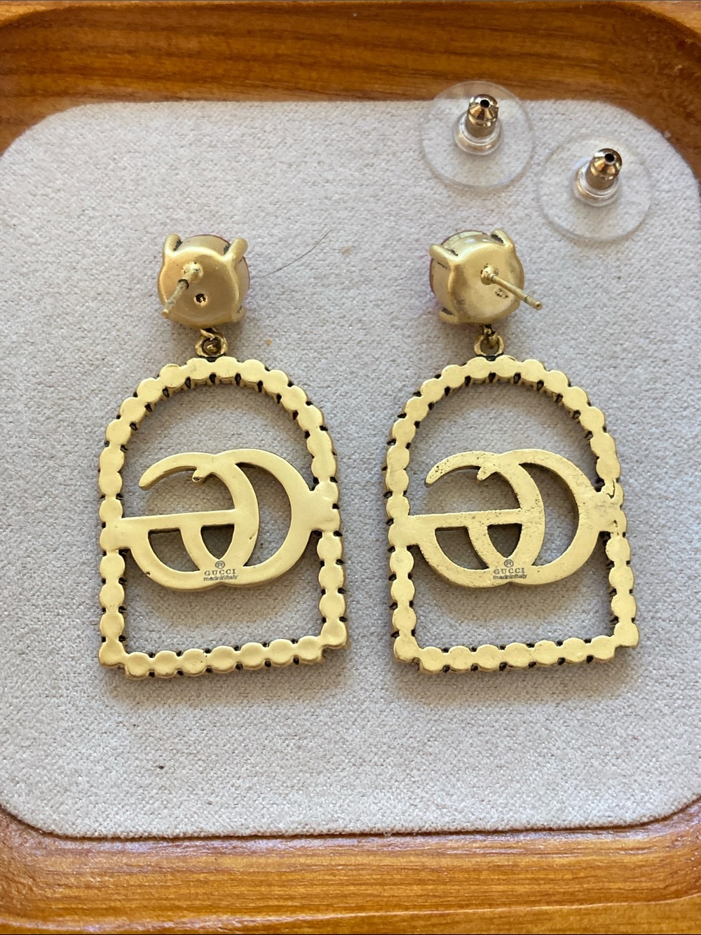 Gucci Gold Multicolor Crystal GG Drop Earrings with Pink Stone - Picture 4 of 4